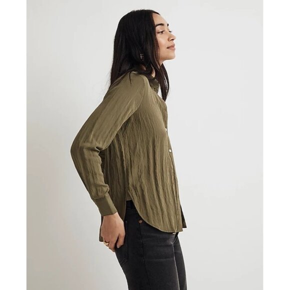 Madewell Crinkled Button-Up Shirt in Desert Olive - Picture 3 of 9